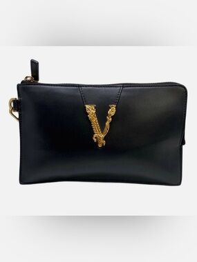 Versace Black Leather Clutch with Gold V Emblem